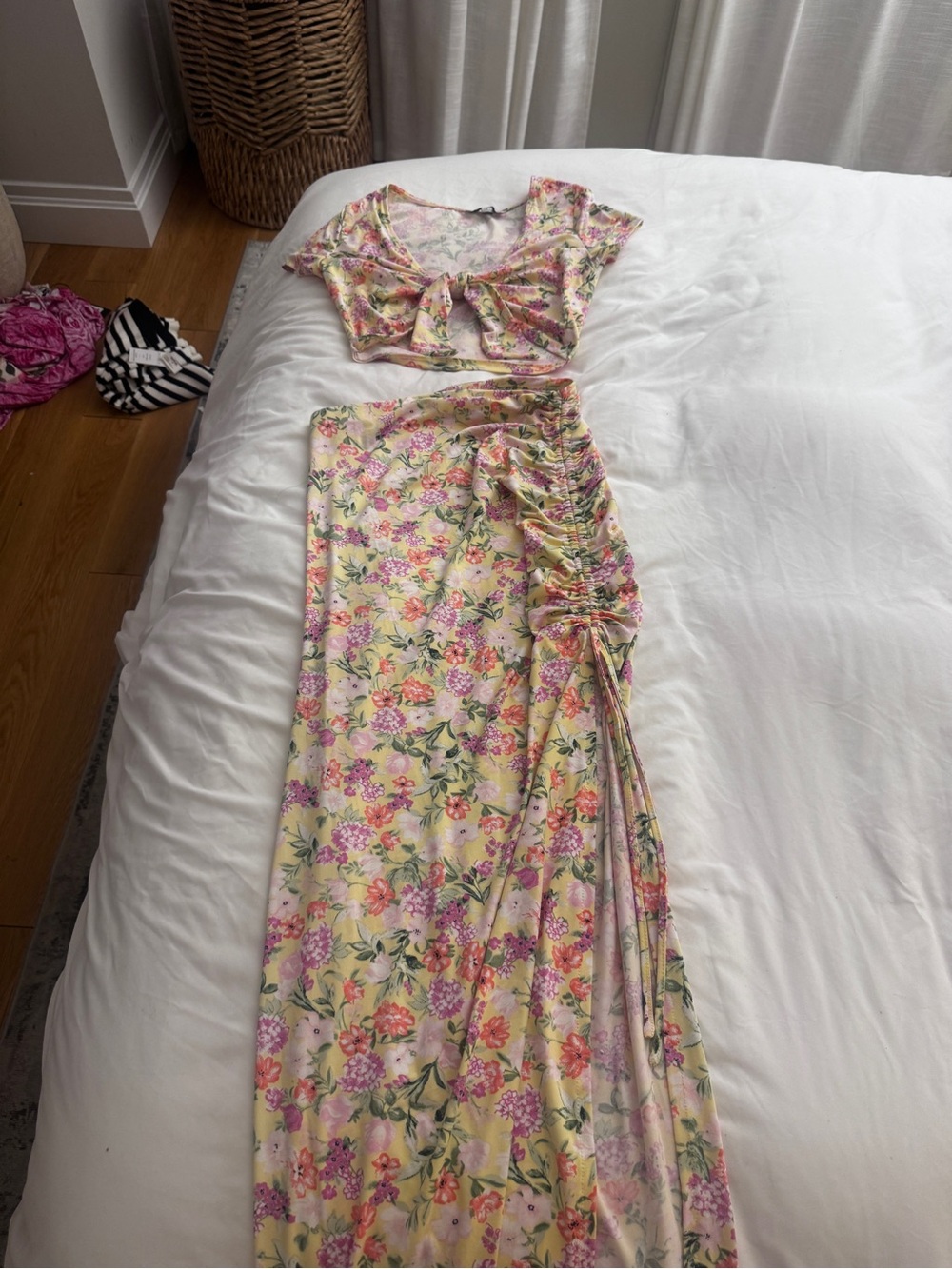 Haute monde Floral Tie-Front Crop Top & Ruched Maxi Skirt Set - Yellow Floral